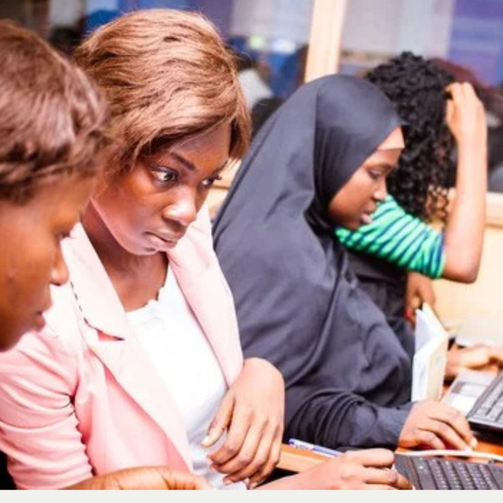 A community workshop with participants learning basic computer skills from local trainers.