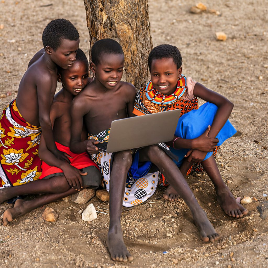 Students gathered around a tablet in a rural African classroom